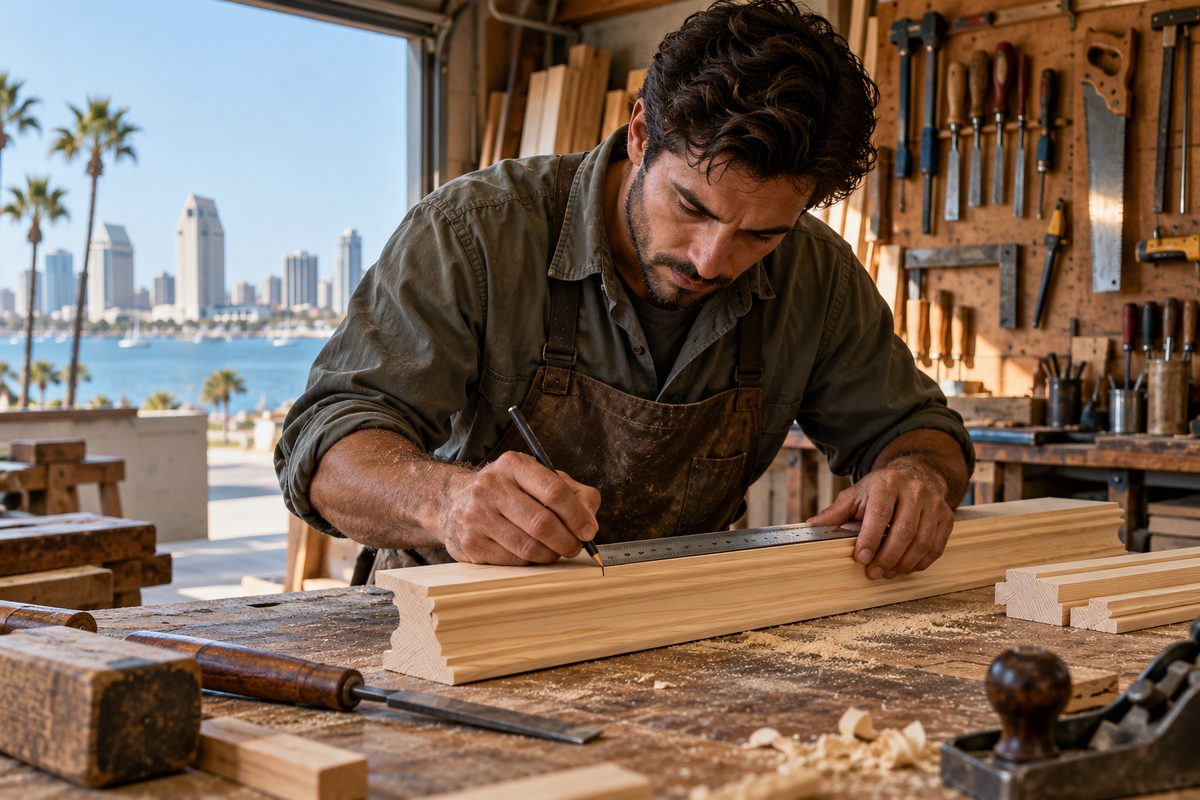 Craftsman inspecting cut dimensions with a steel rule at a San Diego workshop bench
