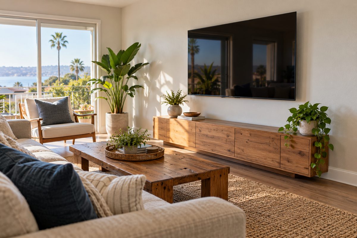 Finished San Diego residential living room featuring securely mounted screen and repaired architectural trim