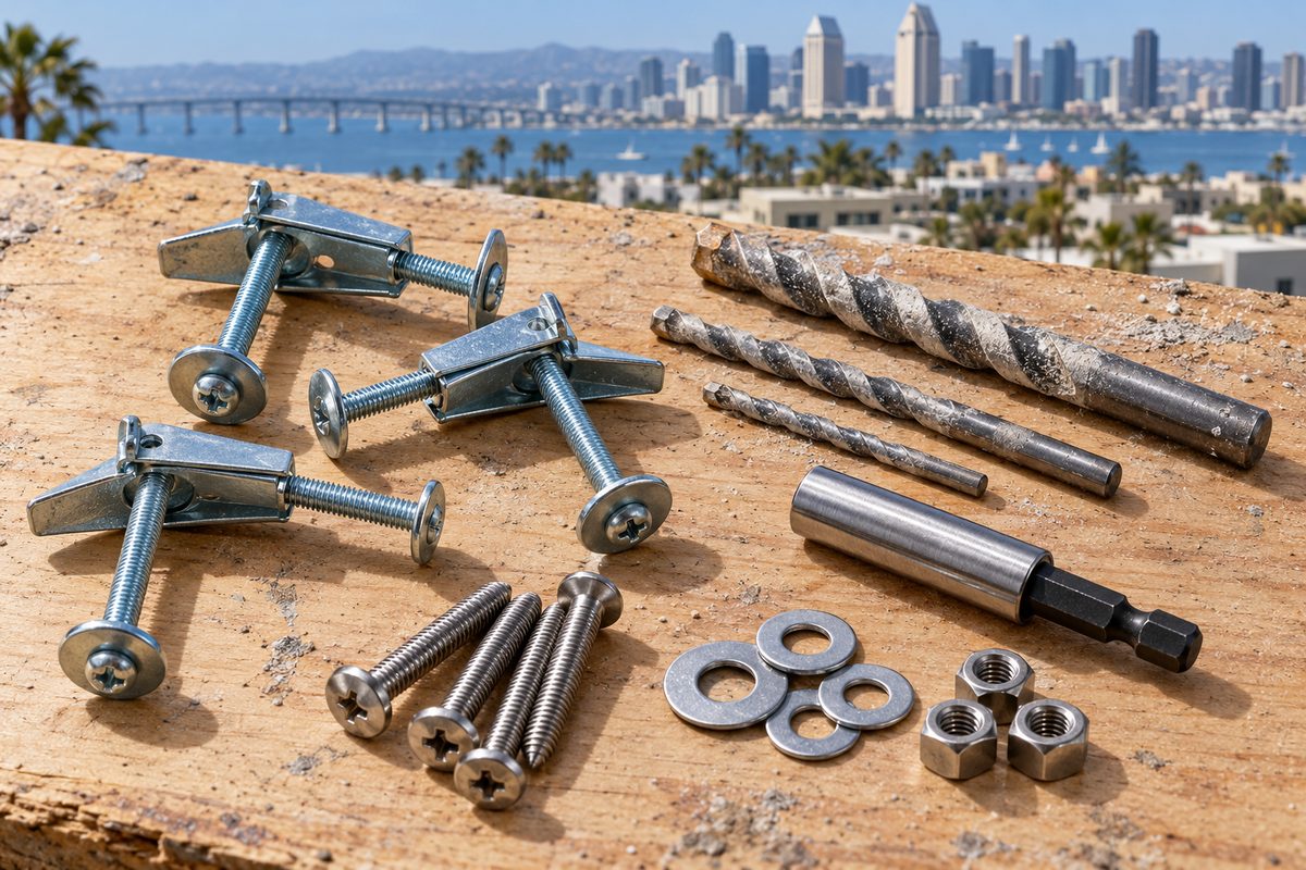 Heavy-duty wall anchors, toggle bolts, drill bits, and stainless fasteners arranged on plywood