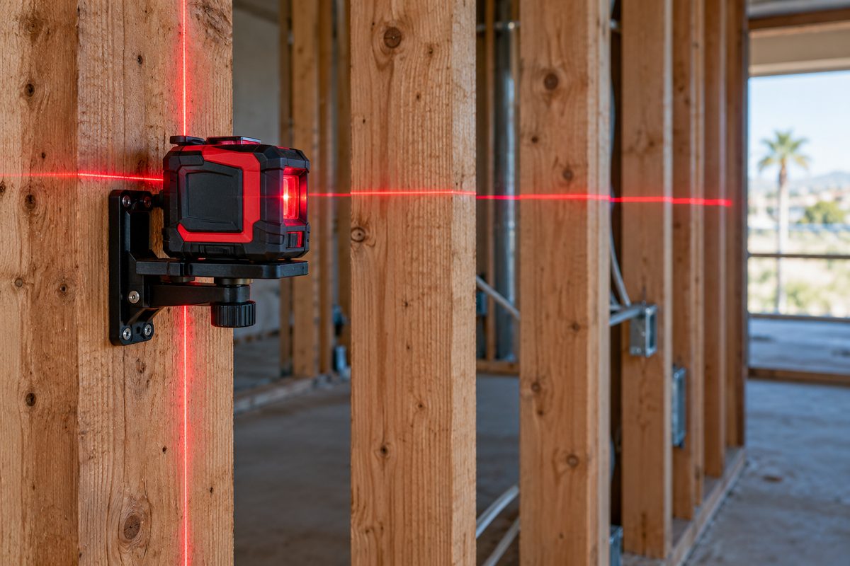 Precision cross-line laser level projecting horizontal and vertical red alignment beams onto wood wall framing