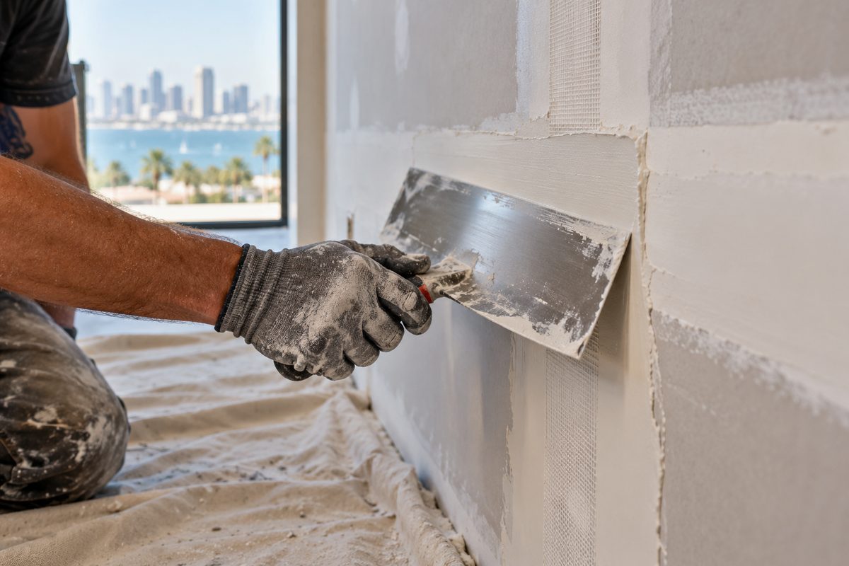 Tradesman smoothing joint compound over drywall repair patch with a stainless steel taping knife