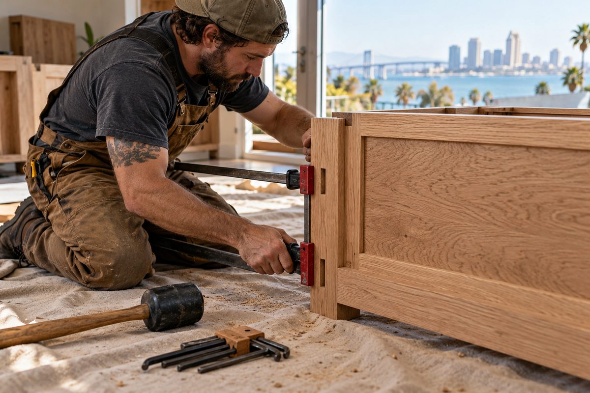 Solid wood furniture assembly using bar clamps, dead-blow mallet, and precision hand tools