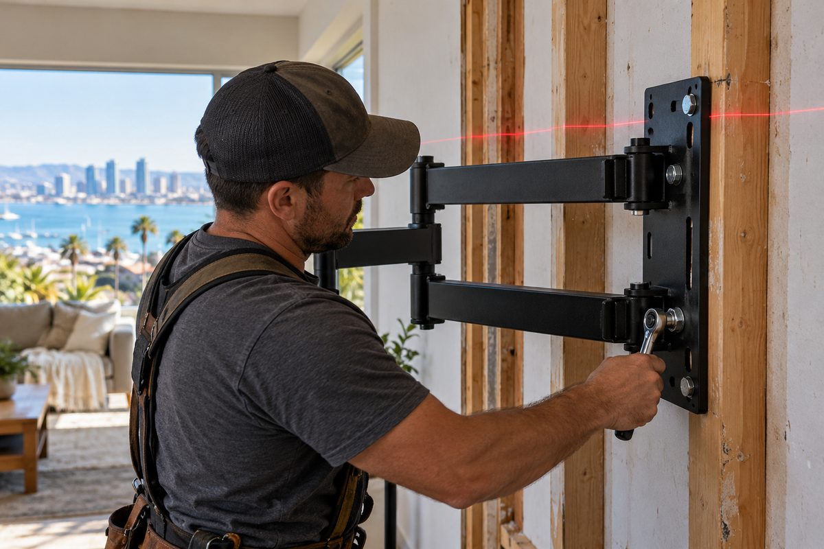 Articulating television wall mount bracket aligned with laser level and secured into wall studs