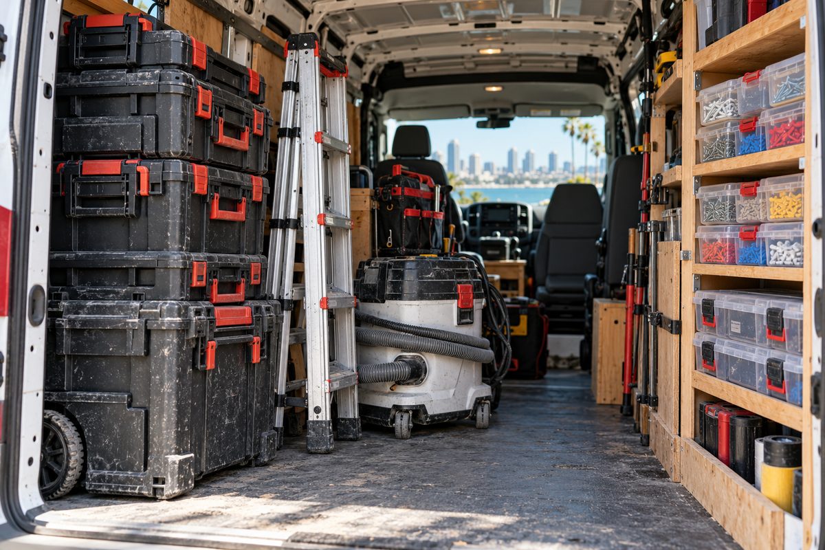 Organized interior of service vehicle with modular tool boxes, ladders, and dust extractor